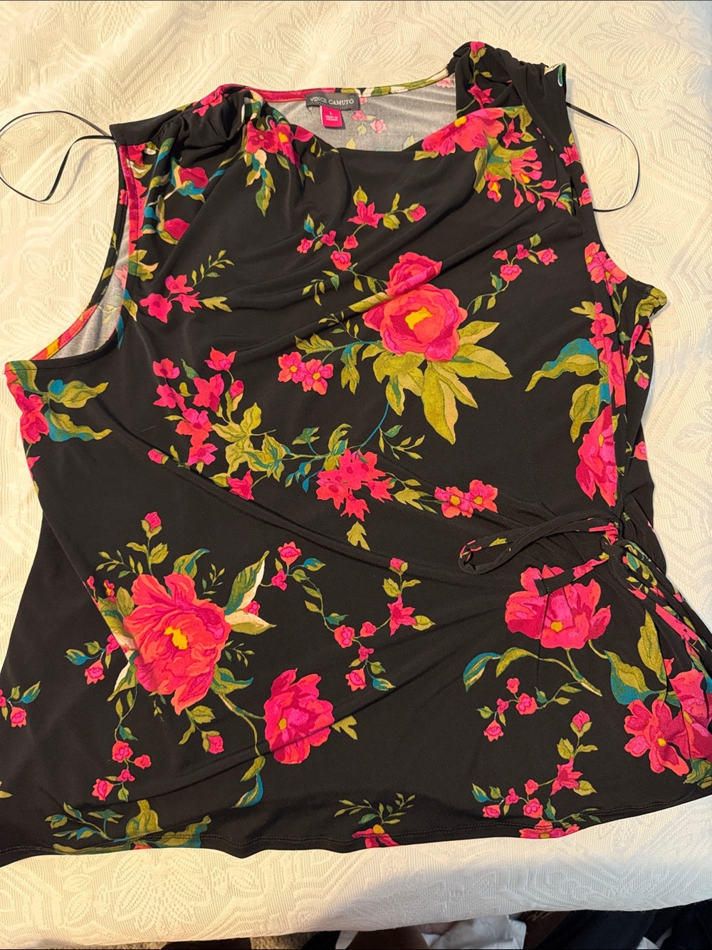 Vince Camuto Black Sleeveless Wrap Tank with Hot Pink Floral Print